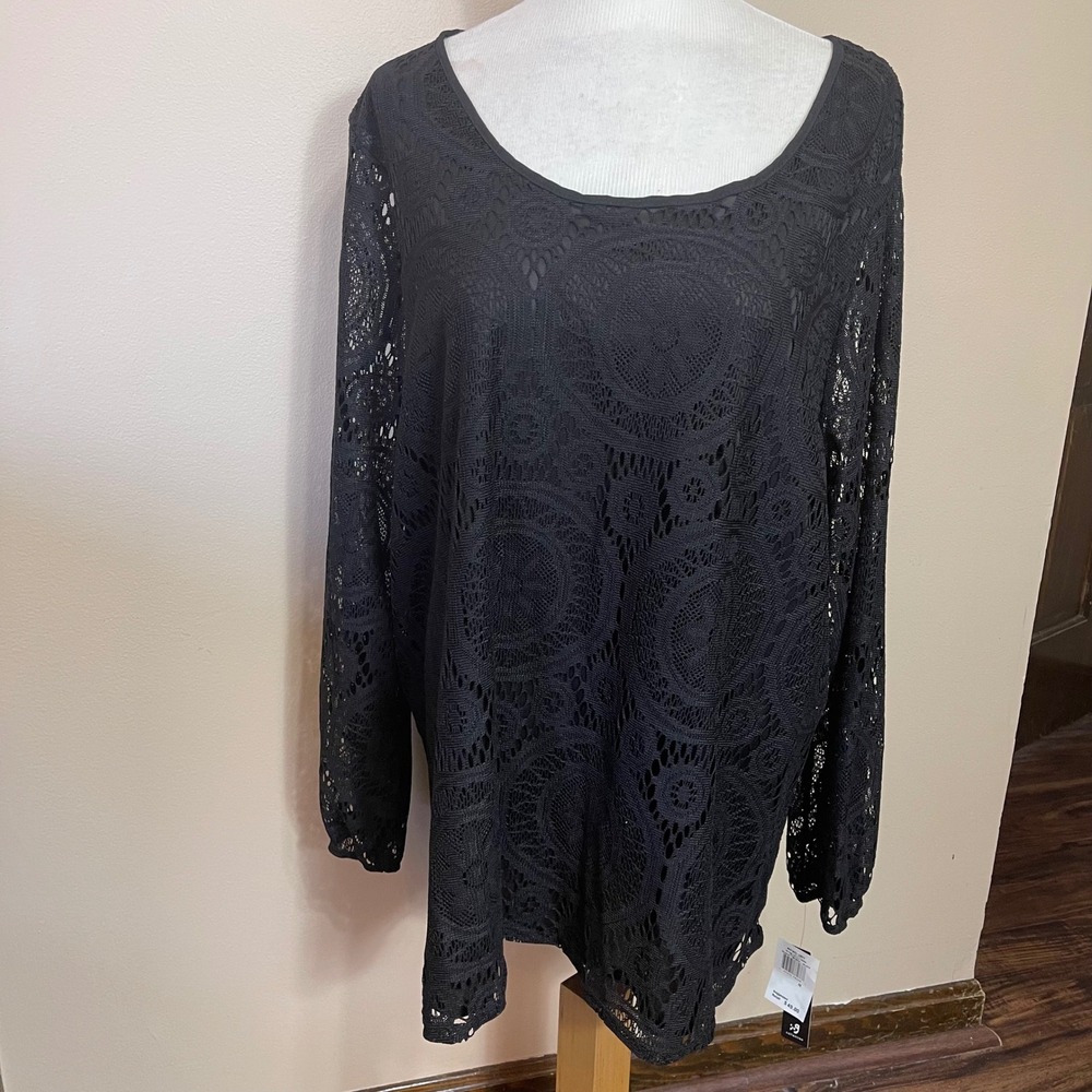 NEW ING Collection Womens 3X Black Medallion Lace Strappy Back Long Sleeve Top